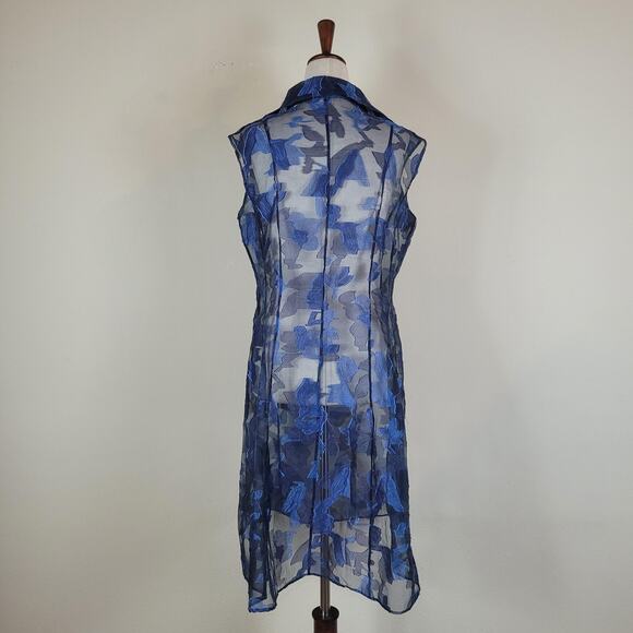 Kay Unger Dress 10 Blue Floral Sheer Button Front Overlay Midi Collared Party - Picture 4 of 9